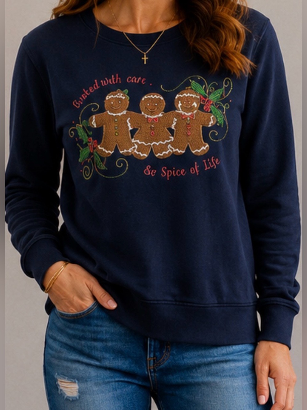 Vintage Gingerbread Sweatshirt Grandma Christmas Grandkids Spice Embroidery 90s